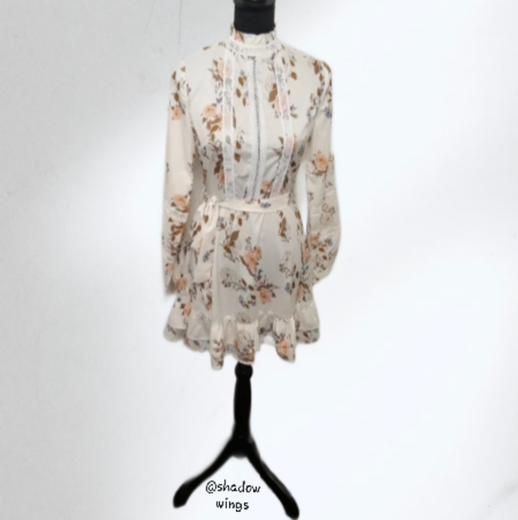 Eilly Bazar Floral Lace Insert Belted Dress - Size Small Flower Ruffle Hem Dress - Picture 3 of 13